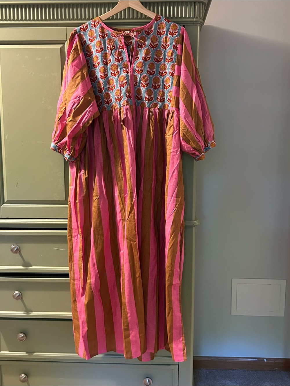 Boho Maxi Dress with Embroidered Yoke Pink and Mustard Striped
